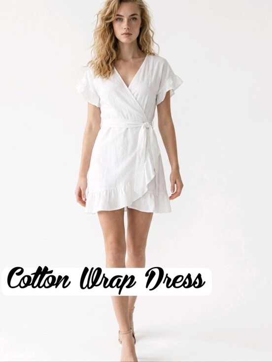 Source Unknown Dresses & Skirts - WHITE Cotton Wrap Dress - Stretch Waist Flutter Sleeves And Ruffled Hem. Xl.